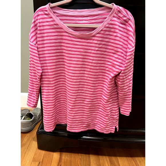 Talbots Size M 100% Cotton Pink 3/4 Sleeve Striped Round Neckline - Picture 1 of 5